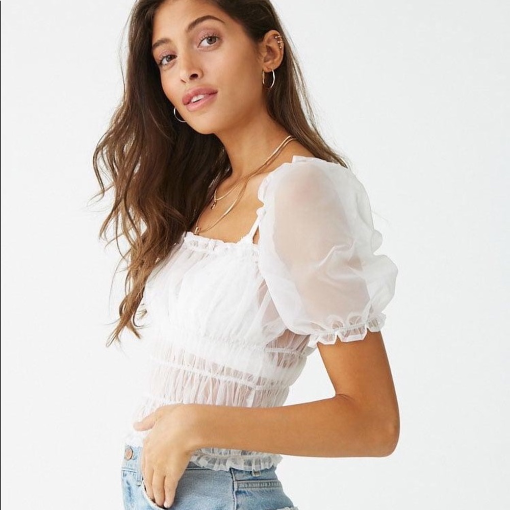 Forever 21 sheer white top puff sleeves